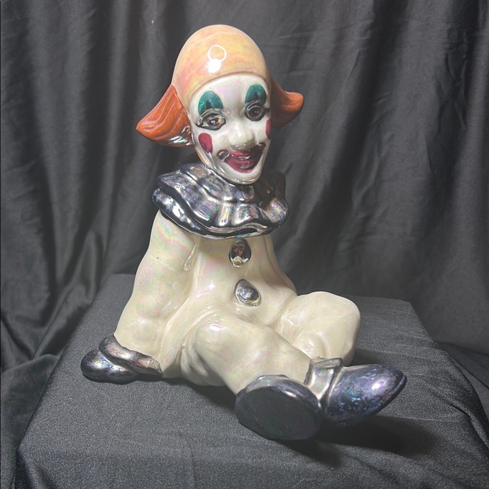 Vintage 1994 Porcelain Clown Figurine Iridescent Luster Finish Seated Decor